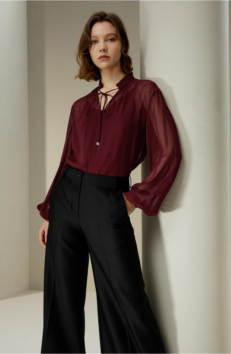 Lilysilk Tie Front Drawstring Georgette Blouse, Alternate, color, Oxblood