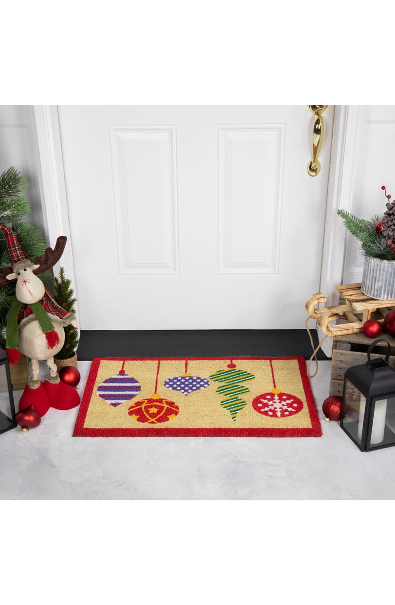 Northlight Tan Brown and Red Christmas Ornaments Coir Outdoor Doormat 18" x 30", Alternate, color, Brown