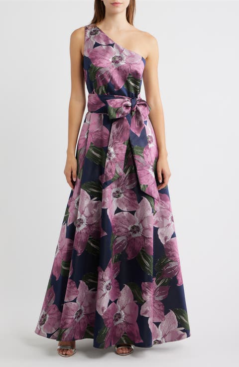 Floral Print One-Shoulder Ballgown
