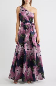 Eliza J Floral Print One-Shoulder Ballgown