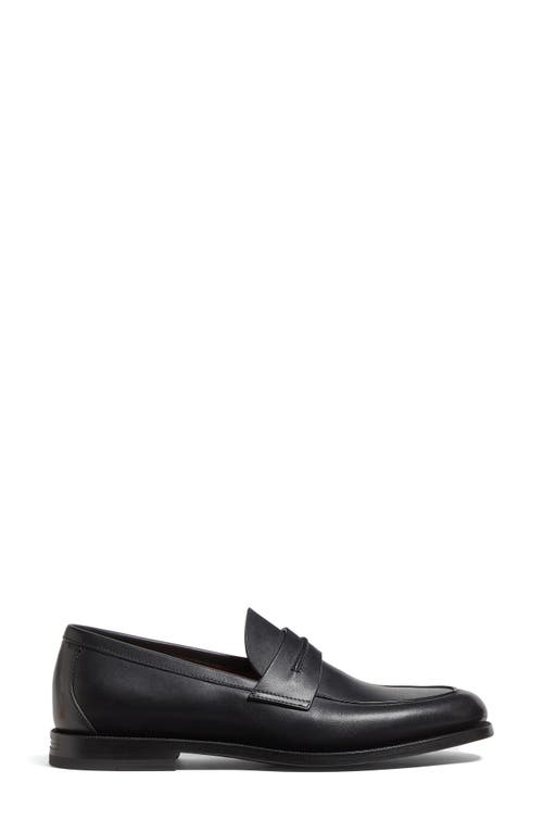 Zegna Black Natural Grain Leather Mocassin Loafer In Black