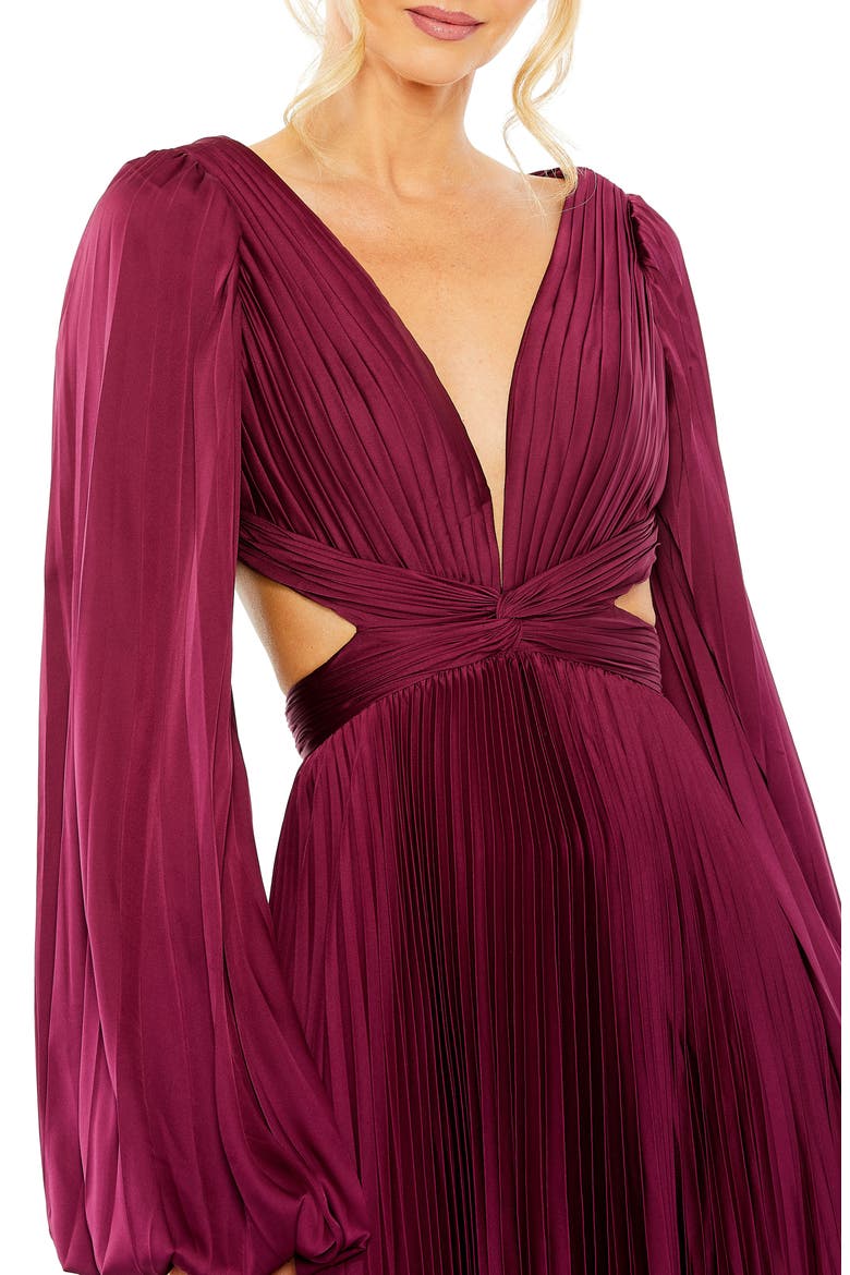 Long Sleeve Pleated Cut-Out Gown, Alternate, color, WINE