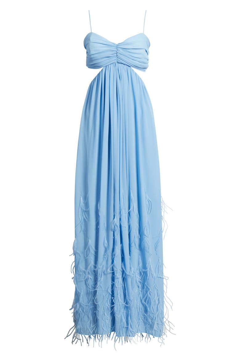 Eli Cutout Feather Trim Gown, Alternate, color, BABY BLUE