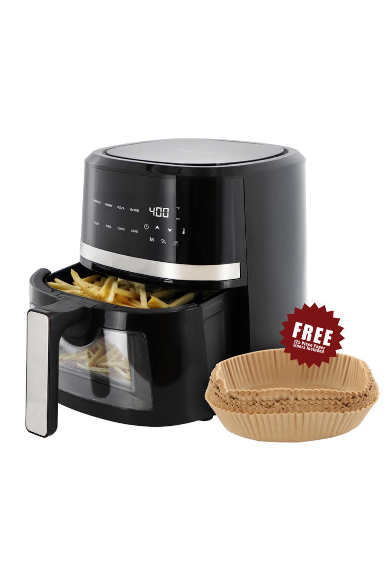 4 Quart Digital LED Display Electric Air Fryer with Transparent Window in Black with 125 Piece Paper Liners, Alternate, color, Black