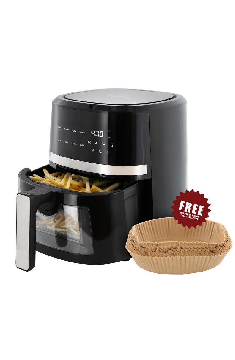 Megachef 4 Quart Digital LED Display Electric Air Fryer with Transparent Window in Black with 125 Piece Paper Liners, Alternate, color, Black
