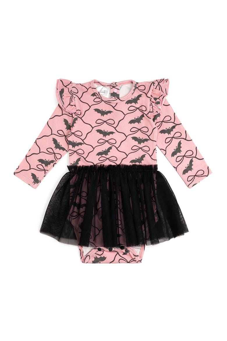 Bat Trellis Printed Halloween Long Sleeve Tutu Bodysuit, Main, color, Pink
