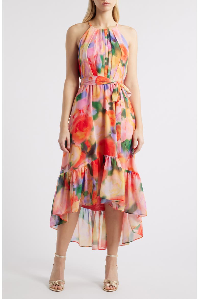 Floral High-Low Chiffon Dress, Main, color, PINK MULTI