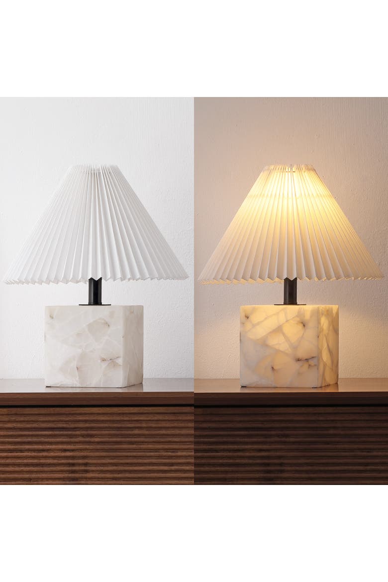 Hermin Contemporary Minimalist Geometric Sculptural Alabaster Cube Metal LED Table Lamp with Nightlight Base and Pleated Shade, Alternate, color, White