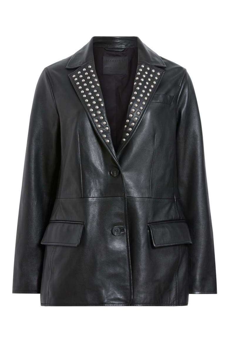 Corinna Studded Leather Blazer, Alternate, color, BLACK