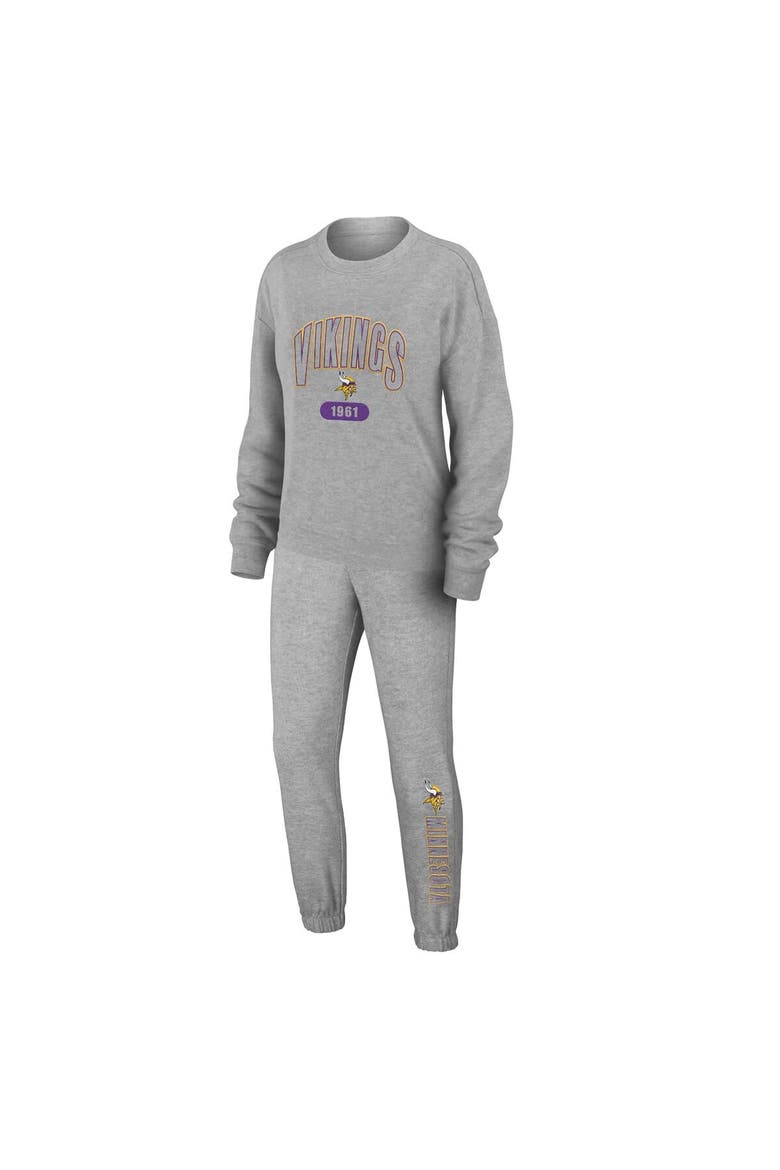 Women's WEAR by Erin Andrews Heather Gray Minnesota Vikings Knit Long Sleeve Tri-Blend T-Shirt & Pants Sleep Set, Main, color, Heather Gray