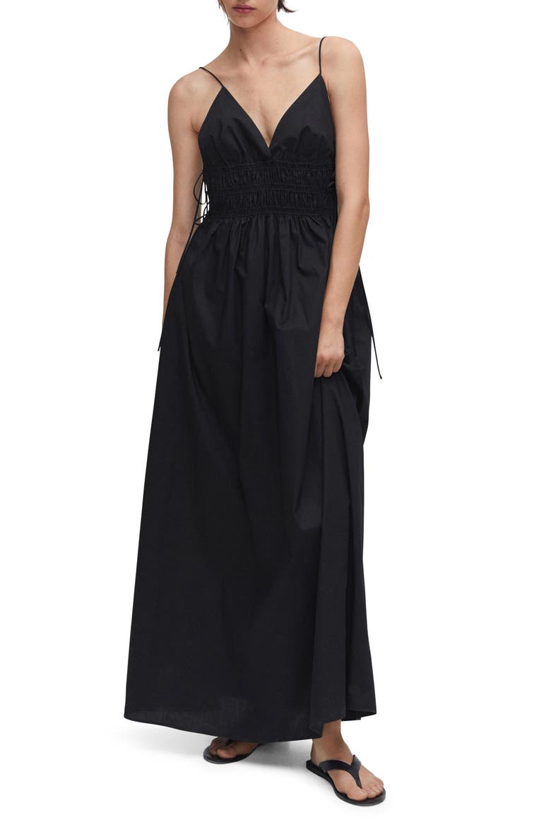 Smocked Cotton Maxi Dress, Main, color, BLACK