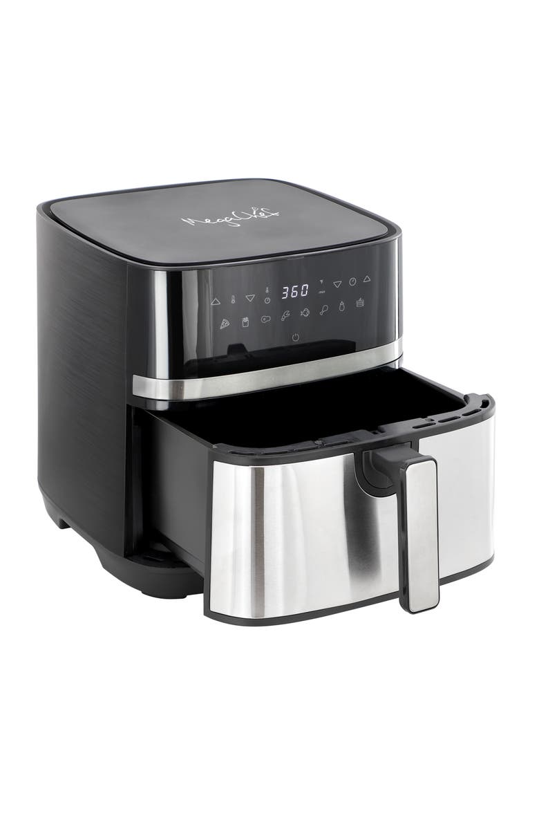 Megachef 8.5 Quart Bundle Electric Air Fryer in Black and Stainless Steel with 125 Piece Paper Liners, Main, color, 