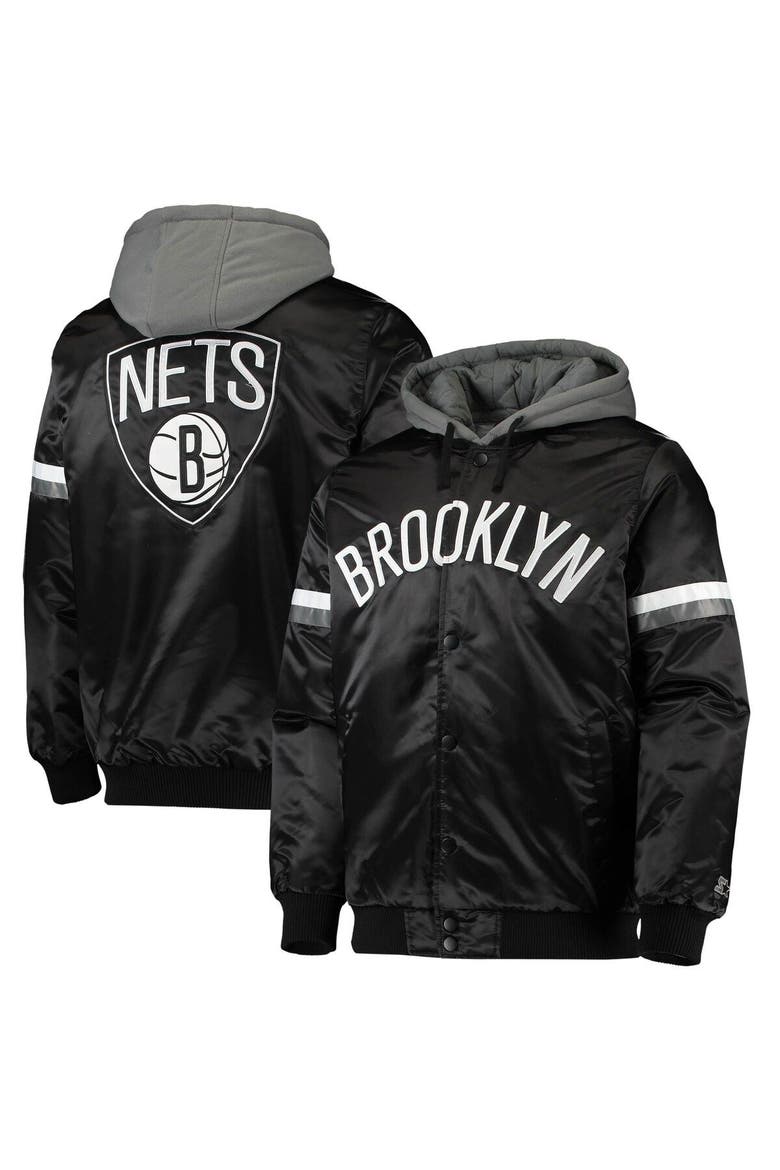 Men's Starter Black/Gray Brooklyn Nets NBA 75th Anniversary Full-Snap Varsity Hoodie Jacket, Alternate, color, Black