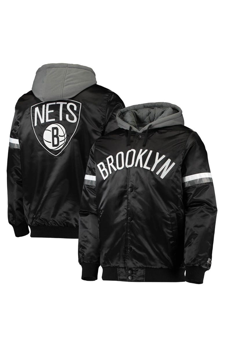 STARTER Men's Starter Black/Gray Brooklyn Nets NBA 75th Anniversary Full-Snap Varsity Hoodie Jacket, Alternate, color, 