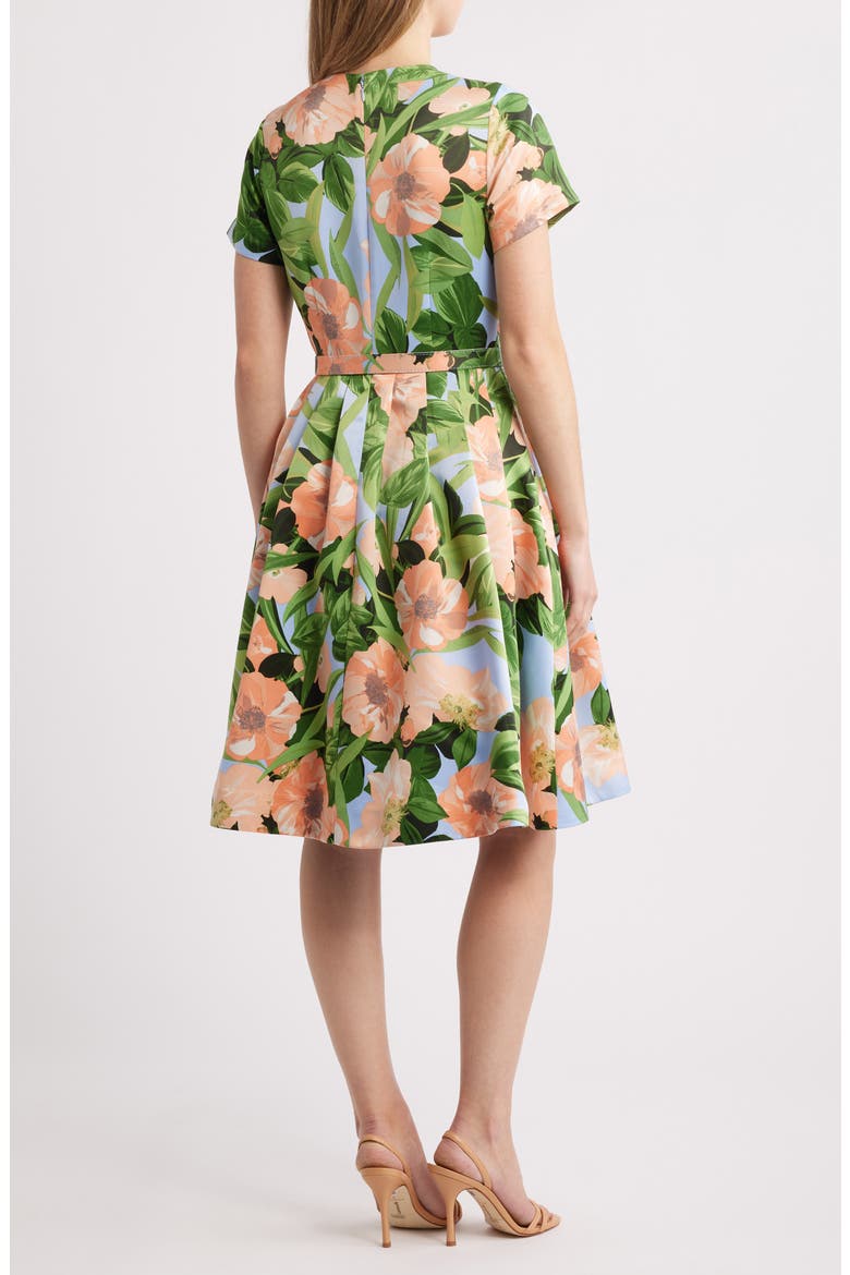 Pleat Neck Belted Fit & Flare Dress, Alternate, color, PEACH MAGNOLIA