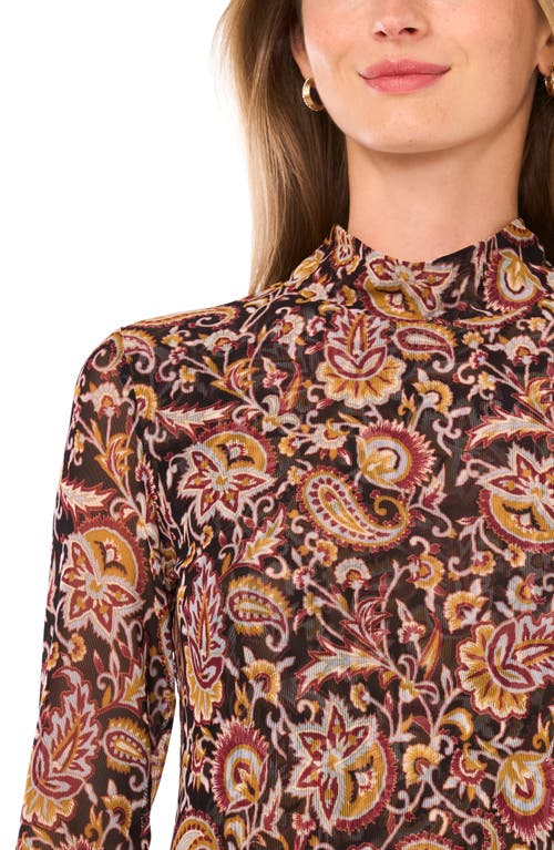 Ted Baker Paisley Mock Neck Long Sleeve Mesh Top In Brown