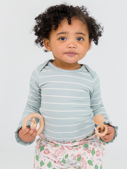 Rufflebutts Baby/toddler Girls Knit Long Sleeve Ruffle Layering Bodysuit In Cloud Blue And Ivory Stripe