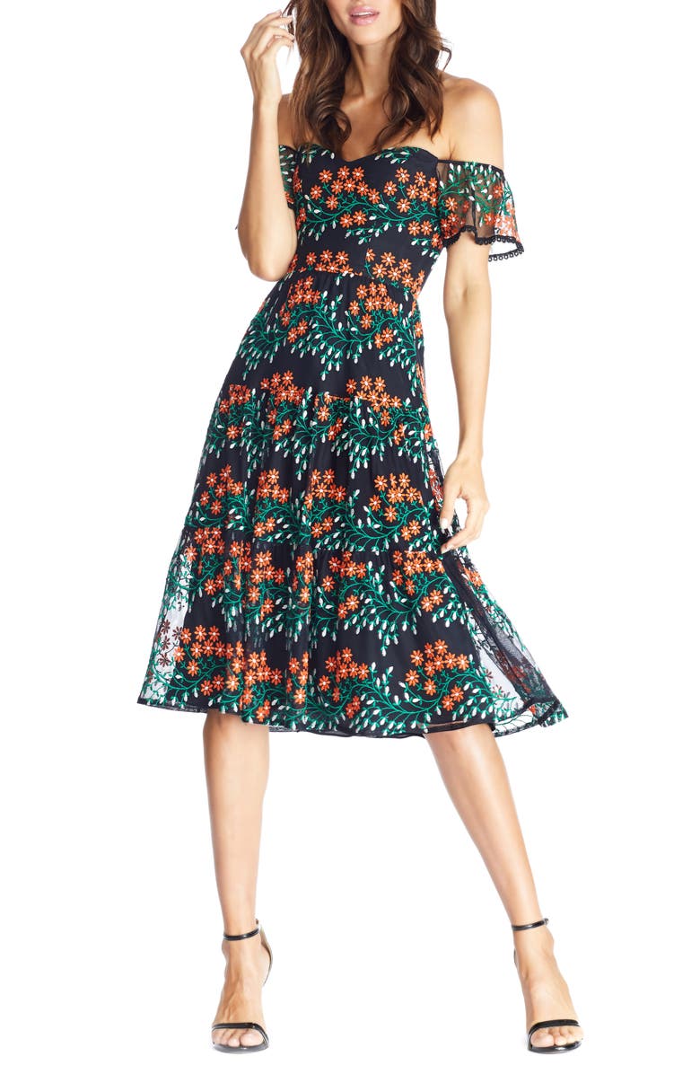 Dress the Population River Embroidered Off the Shoulder Midi Dress, Main, color,