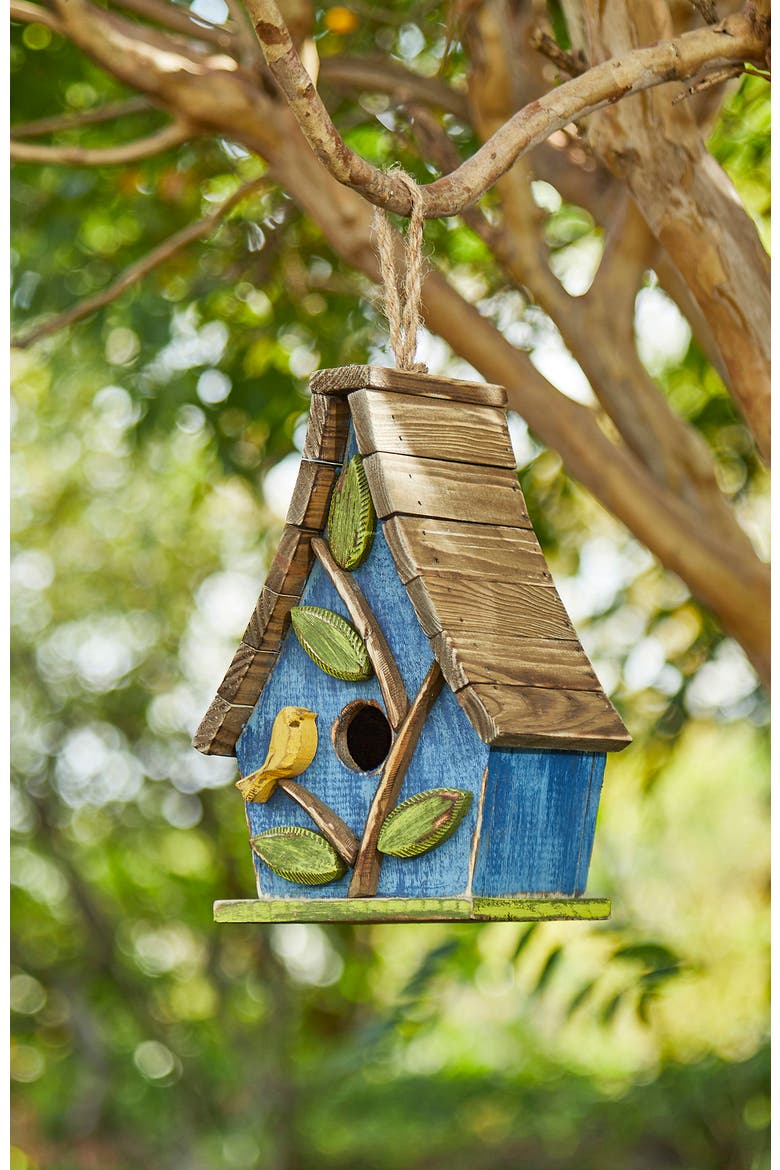 9.5"H Distressed Solid Wood Birdhouse with 3D Leaves, Alternate, color, Blue