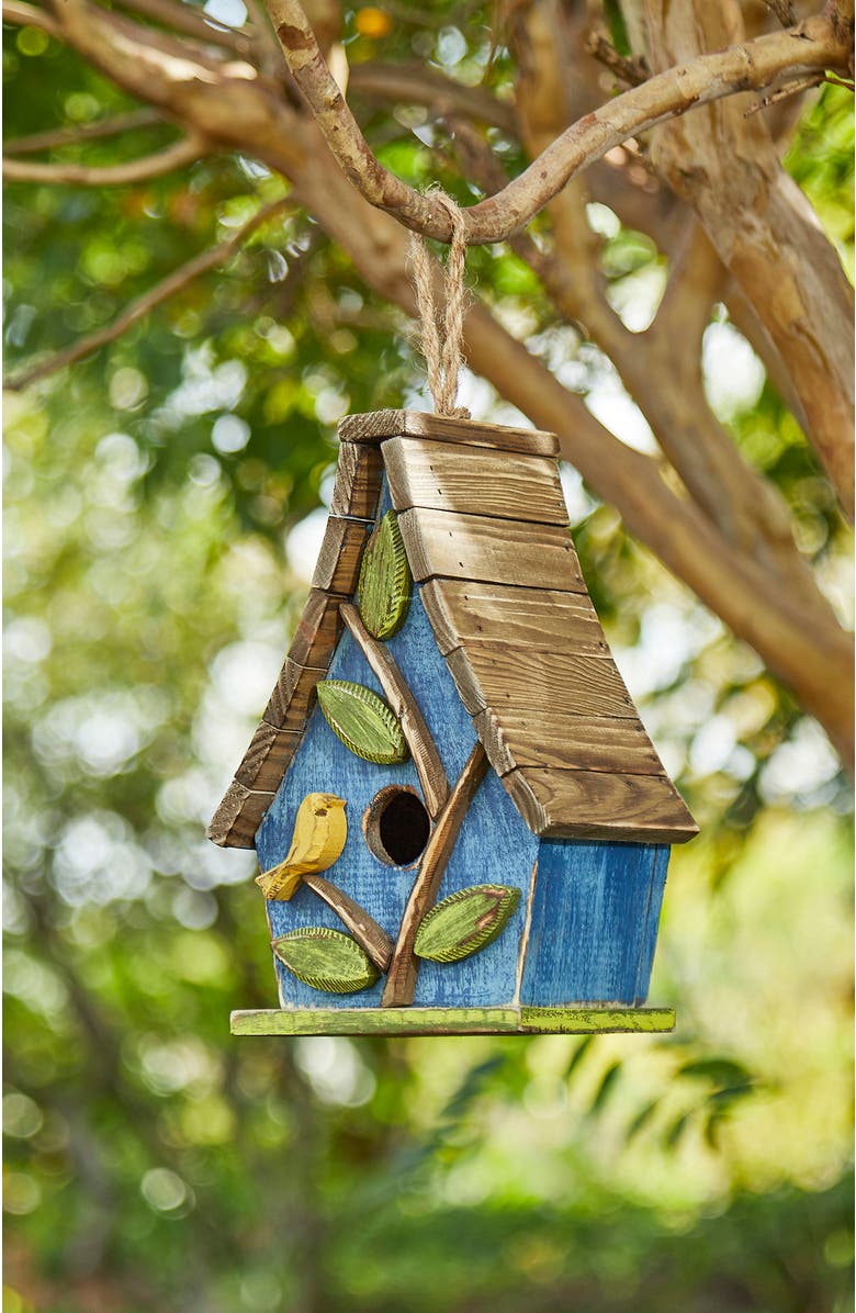 Glitzhome 9.5"H Distressed Solid Wood Birdhouse with 3D Leaves, Alternate, color, Blue
