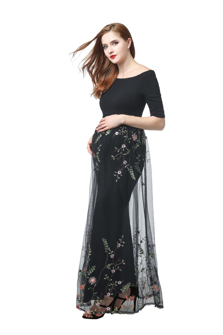 Willow Off the Shoulder Maternity Gown, Alternate, color, BLACK
