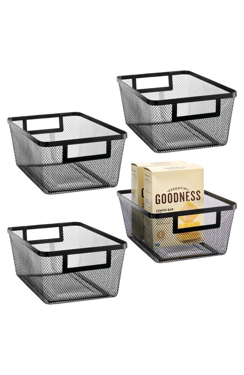 mDesign Metal Mesh Pantry Basket with Handles - Set of 4 - Matte Black, Main, color, Black