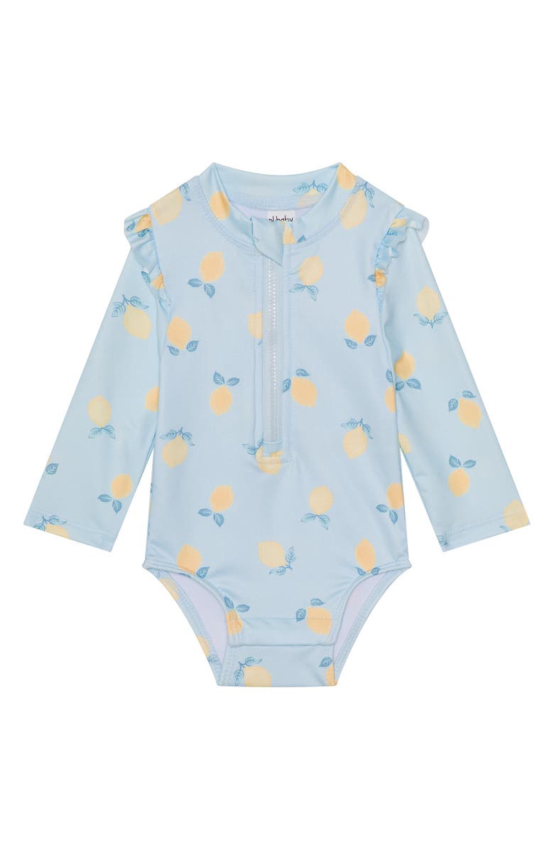 PL Baby by Petit Lem One-Piece Rashguard Swimsuit & Hat Set, Alternate, color, Lemon