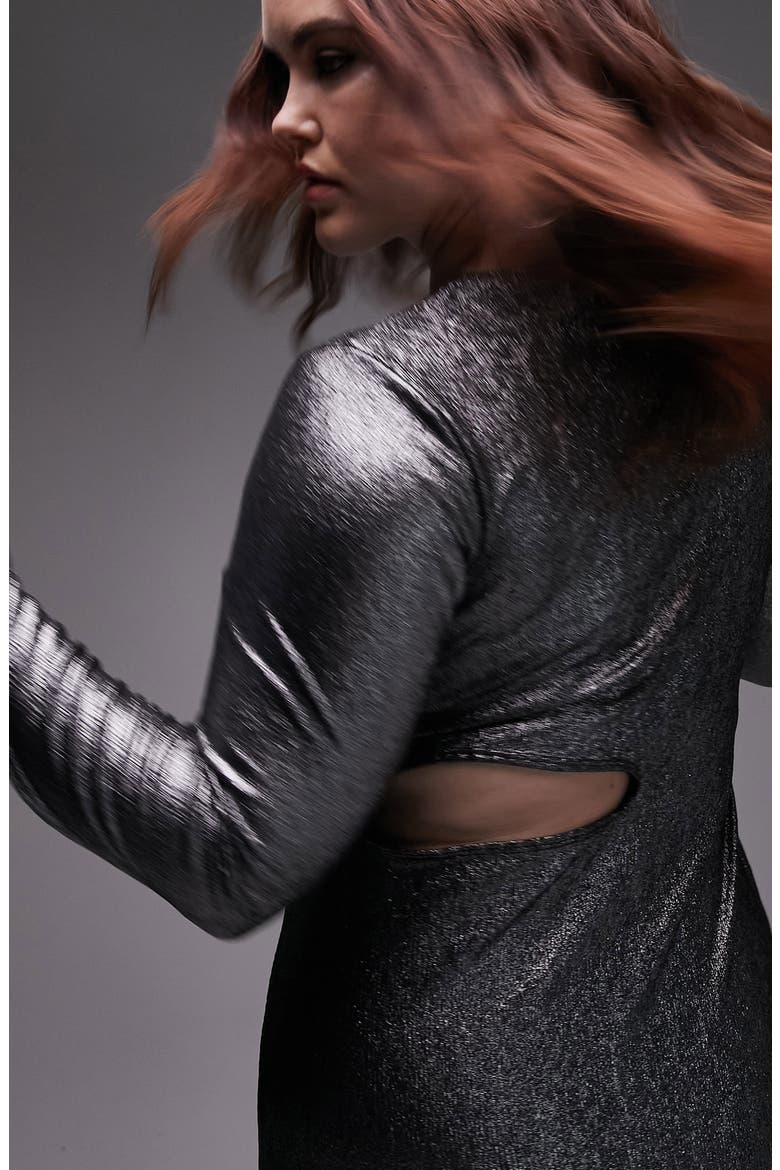 Curve Cutout Long Sleeve Metallic Maxi Dress, Alternate, color, SILVER