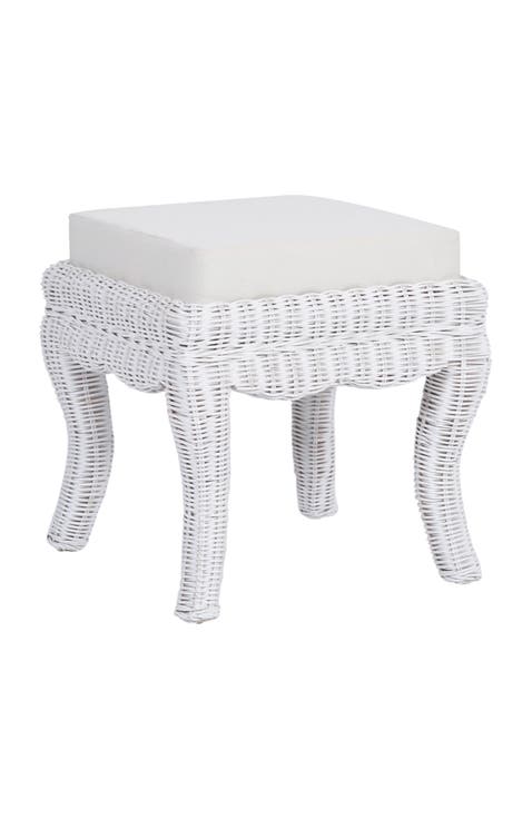 Rowan 19.7" Bohemian Designer Woven Rattan/Wood Ottoman Vanity Stool, White Cushion Seat
