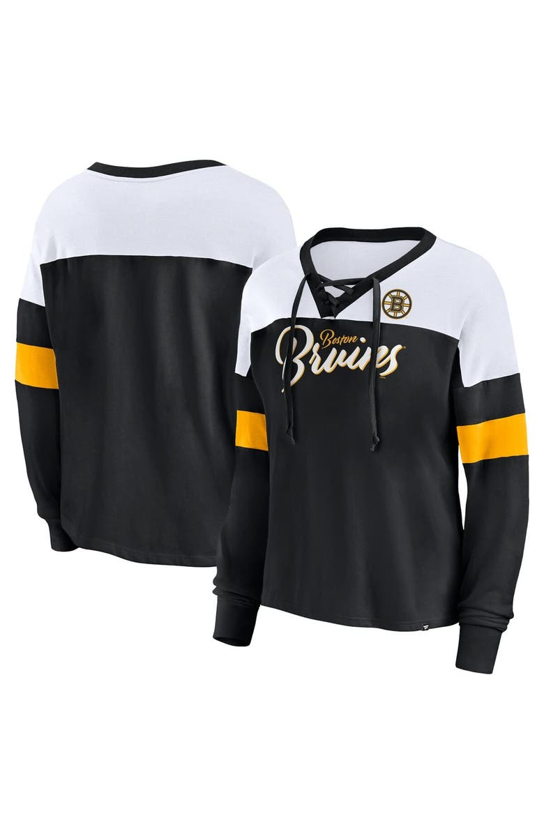 FANATICS Women's Fanatics Black Boston Bruins Take the Shot Long Sleeve Lace-Up V-Neck T-Shirt, Main, color,