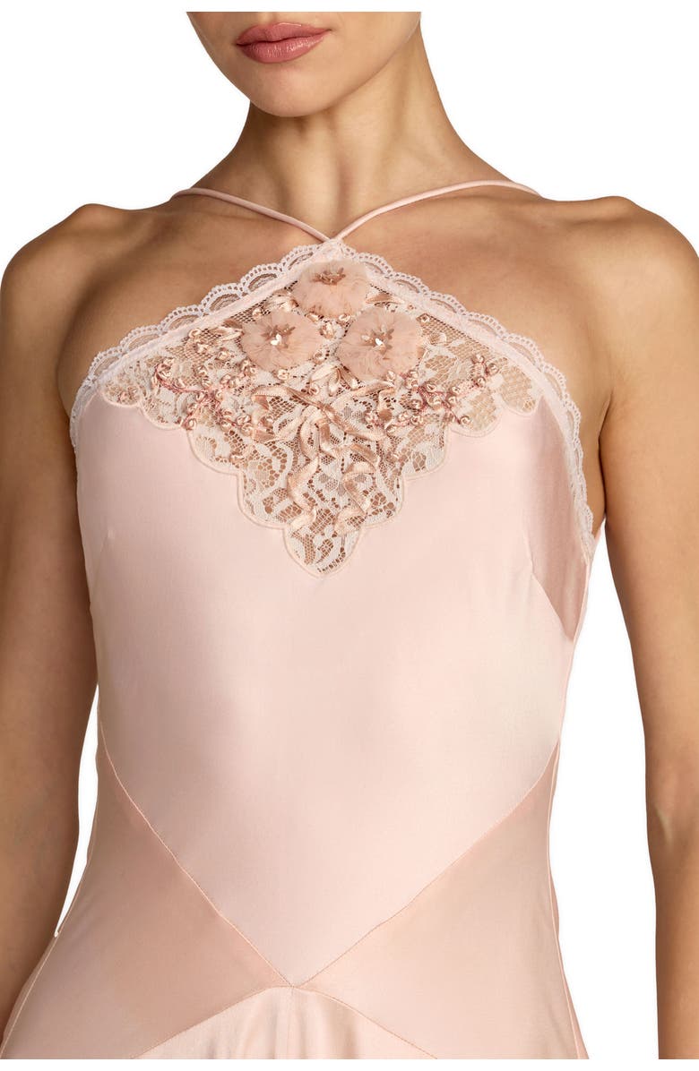 Mac Duggal Charmeuse Lace Detail Asymmetrical Hem Midi Dress, Alternate, color, Ballet Slipper