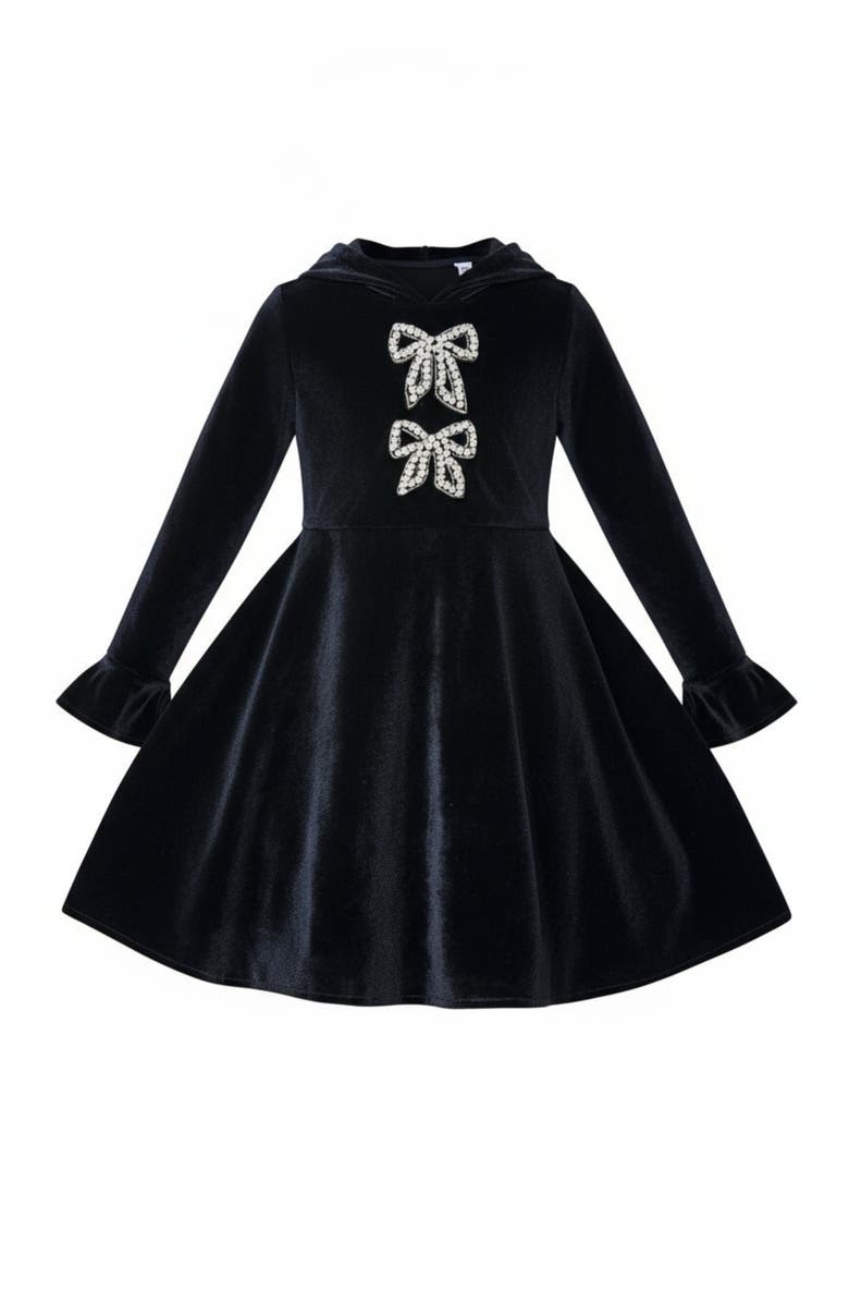 Mia Belle Girls Crystal Bow Long Sleeve Velour Dress, Main, color, Black