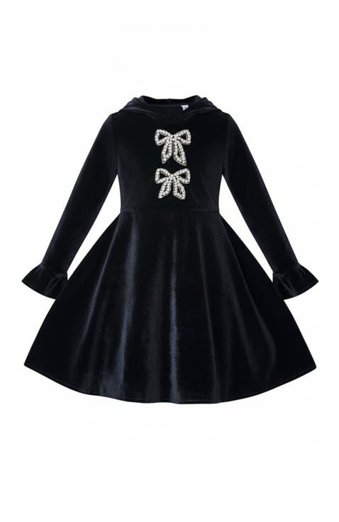 Crystal Bow Long Sleeve Velour Dress (Toddler, Little Kid & Big Kid)