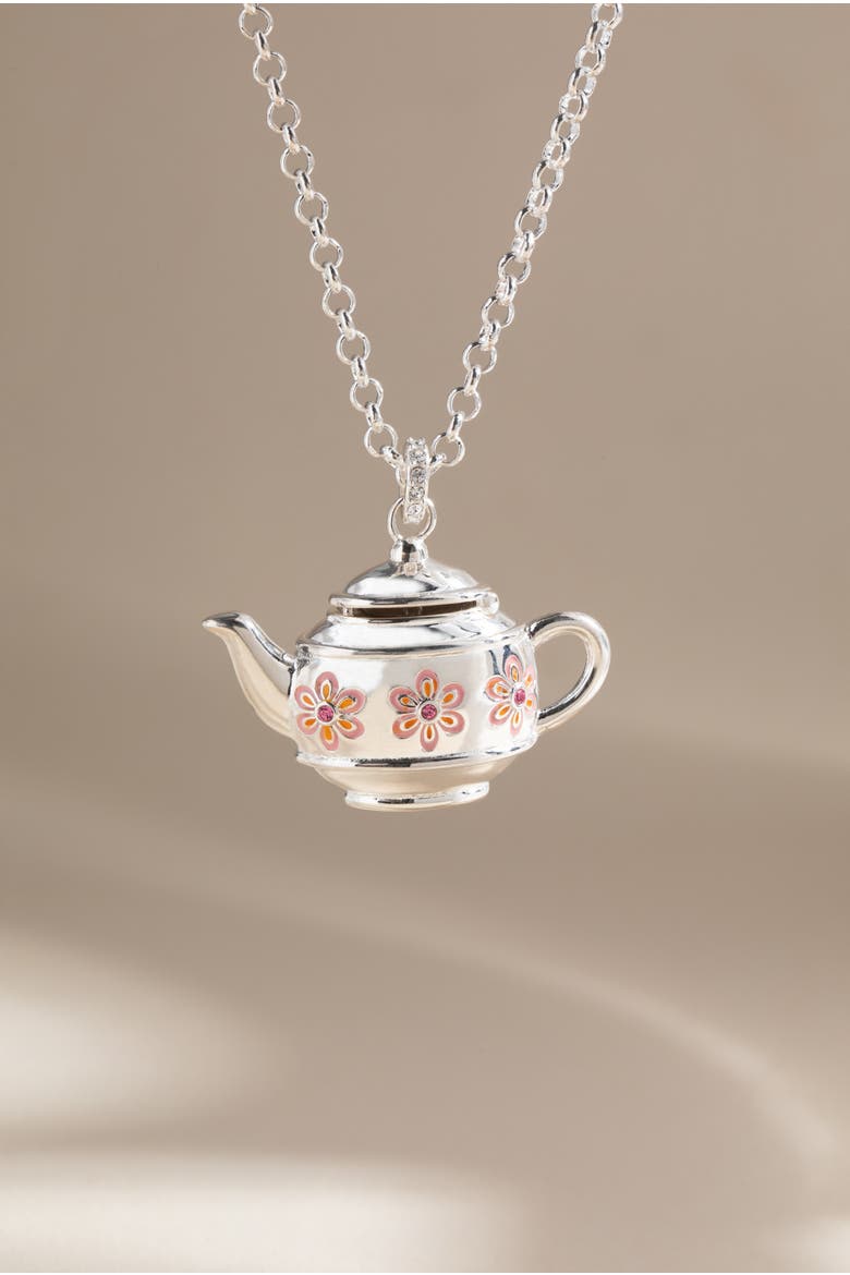 Floral Teapot Locket Pendant Necklace, Alternate, color, Silver