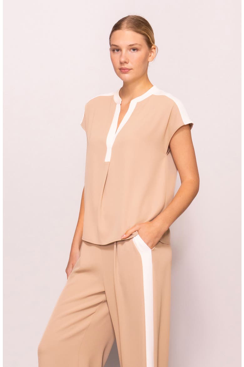 Split Neck Cap Sleeve Contrast Trim Top, Alternate, color, LIGHT KHAKI/ BONE