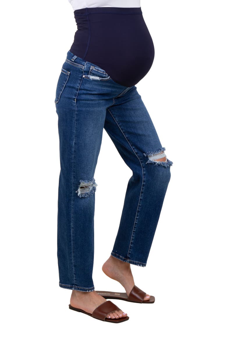 Distressed Open Knee Cropped Maternity Straight Leg Jeans, Alternate, color, Navy Blue