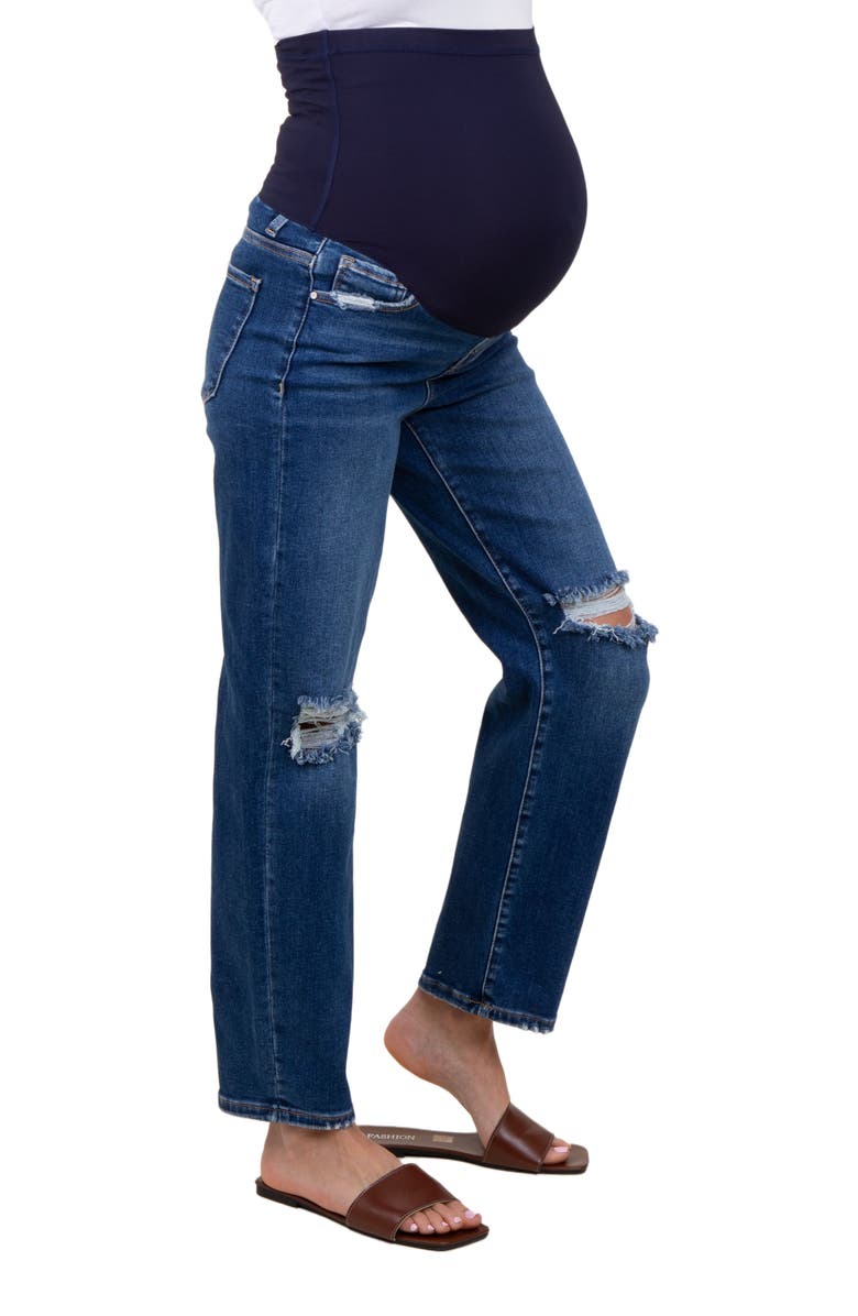 PinkBlush Distressed Open Knee Cropped Maternity Straight Leg Jeans, Alternate, color, Navy Blue