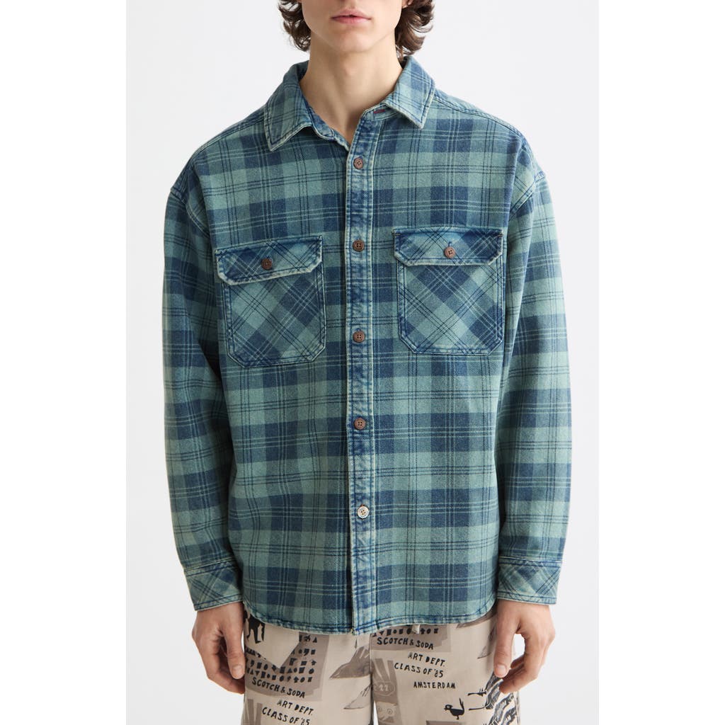 Scotch & Soda Regular Fit Washed Denim Check Shirt Jacket In Green