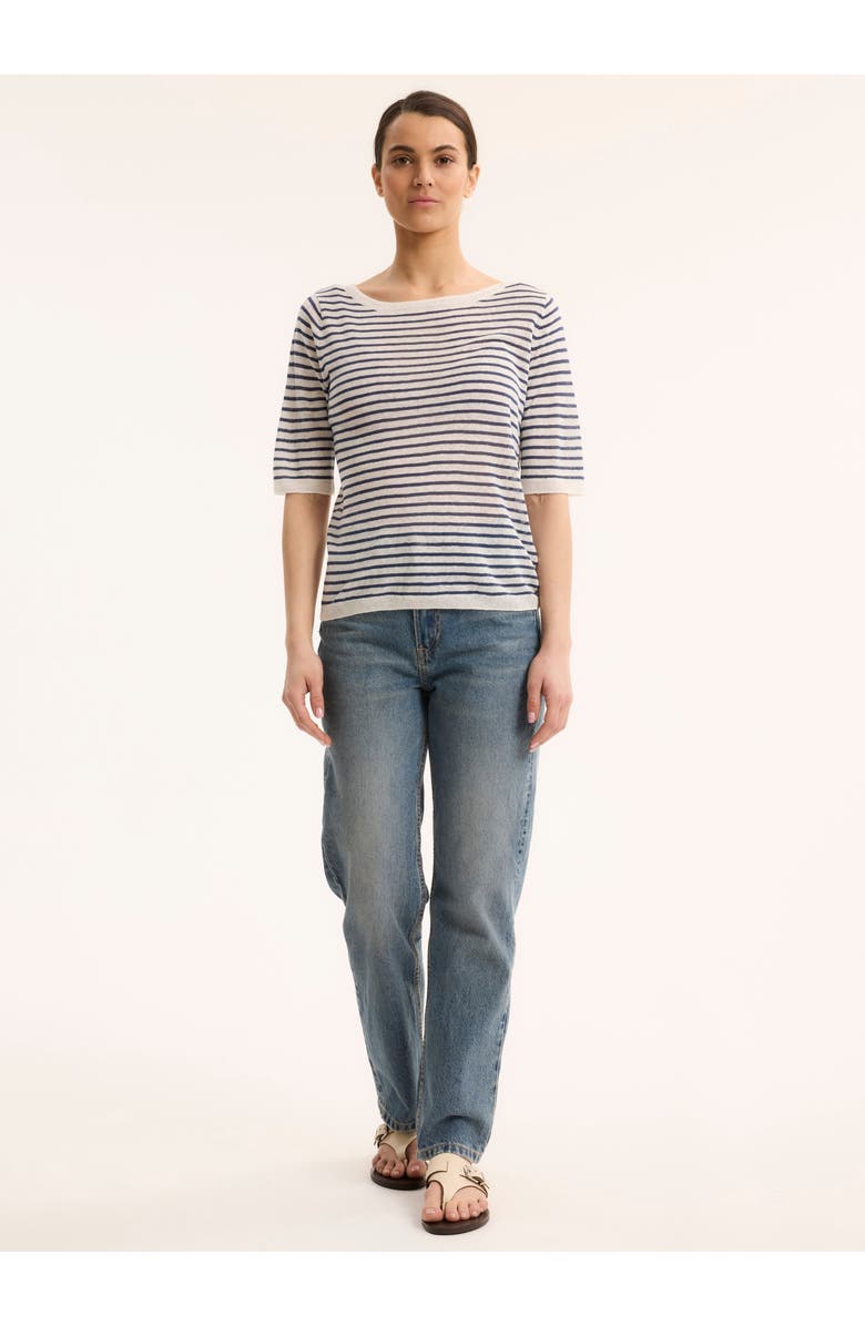 Majestic Filatures Linen Knit Stripe Elbow Sleeve Crewneck, Alternate, color, Marine