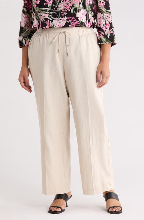 Tie Waist Linen Blend Pants (Plus)