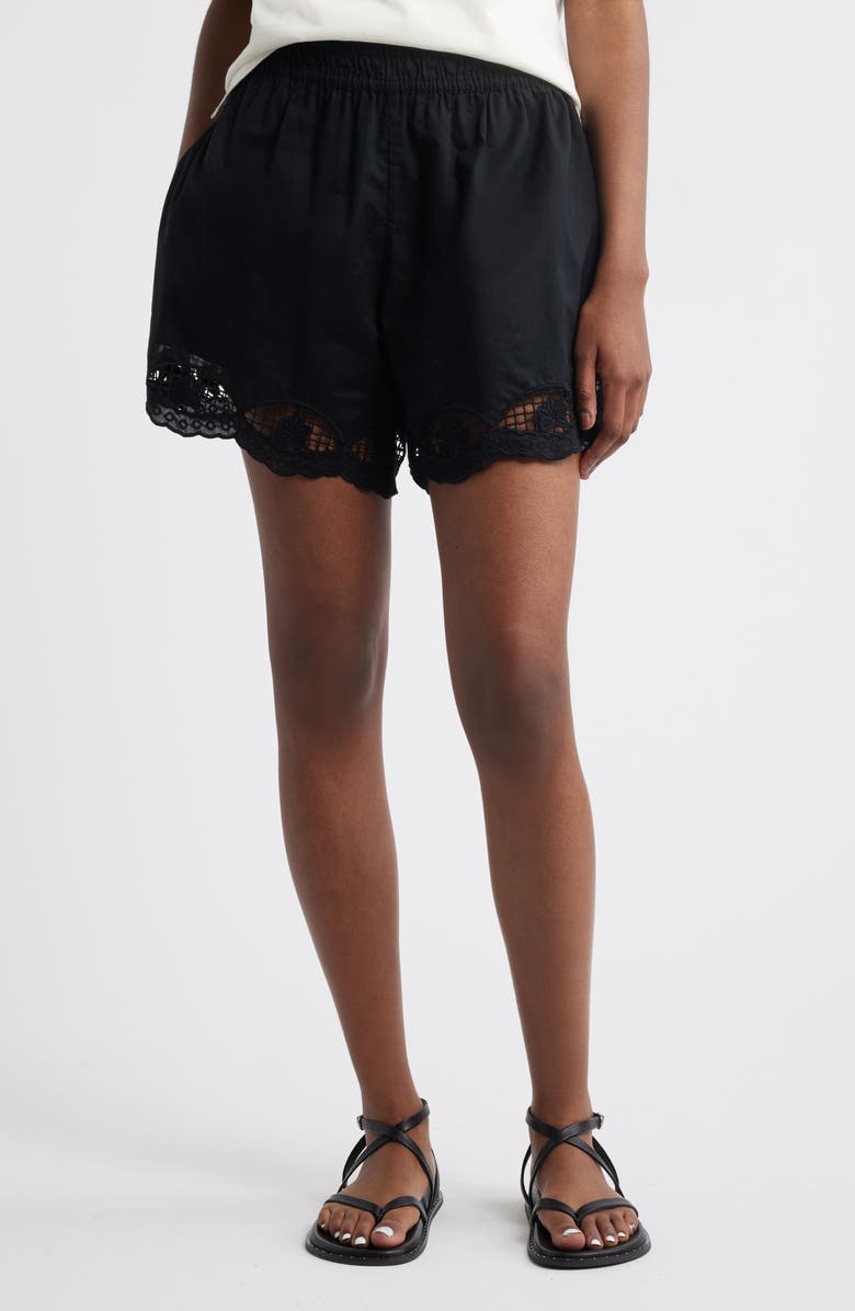 Treasure & Bond Cutwork Pull-On Woven Cotton Shorts, Main, color, Black