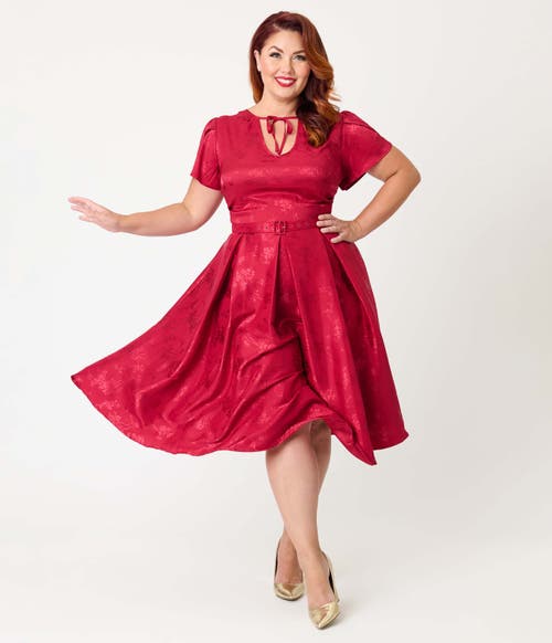 Unique Vintage Plus Size Short Petal Sleeve Tie Neck Dahlia Swing Dress In Red