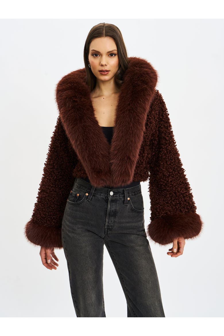 Cropped Kali Vegan Shearling Fur Hooded Jacket, Alternate, color, Mahogany