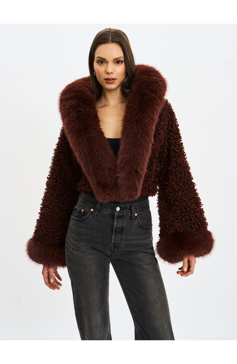 Miss Circle Cropped Kali Vegan Shearling Fur Hooded Jacket, Alternate, color, Mahogany