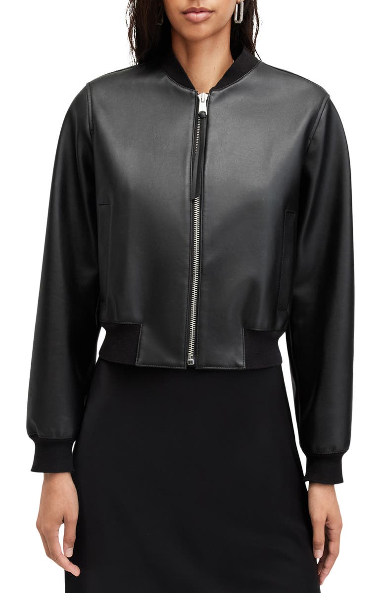AllSaints Orten Desserto Faux Leather Bomber Jacket, Main, color, Black