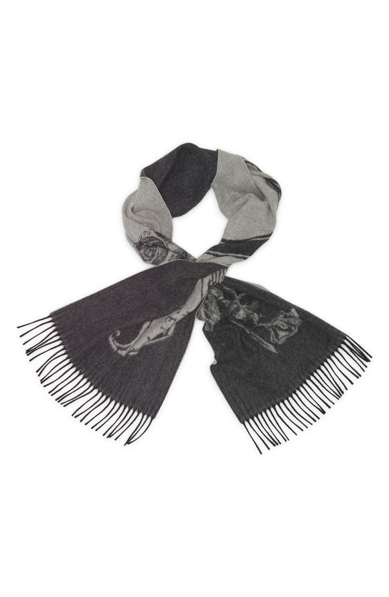 McQueen Tattoo Jacquard Wool & Cashmere Fringe Scarf, Alternate, color, Black