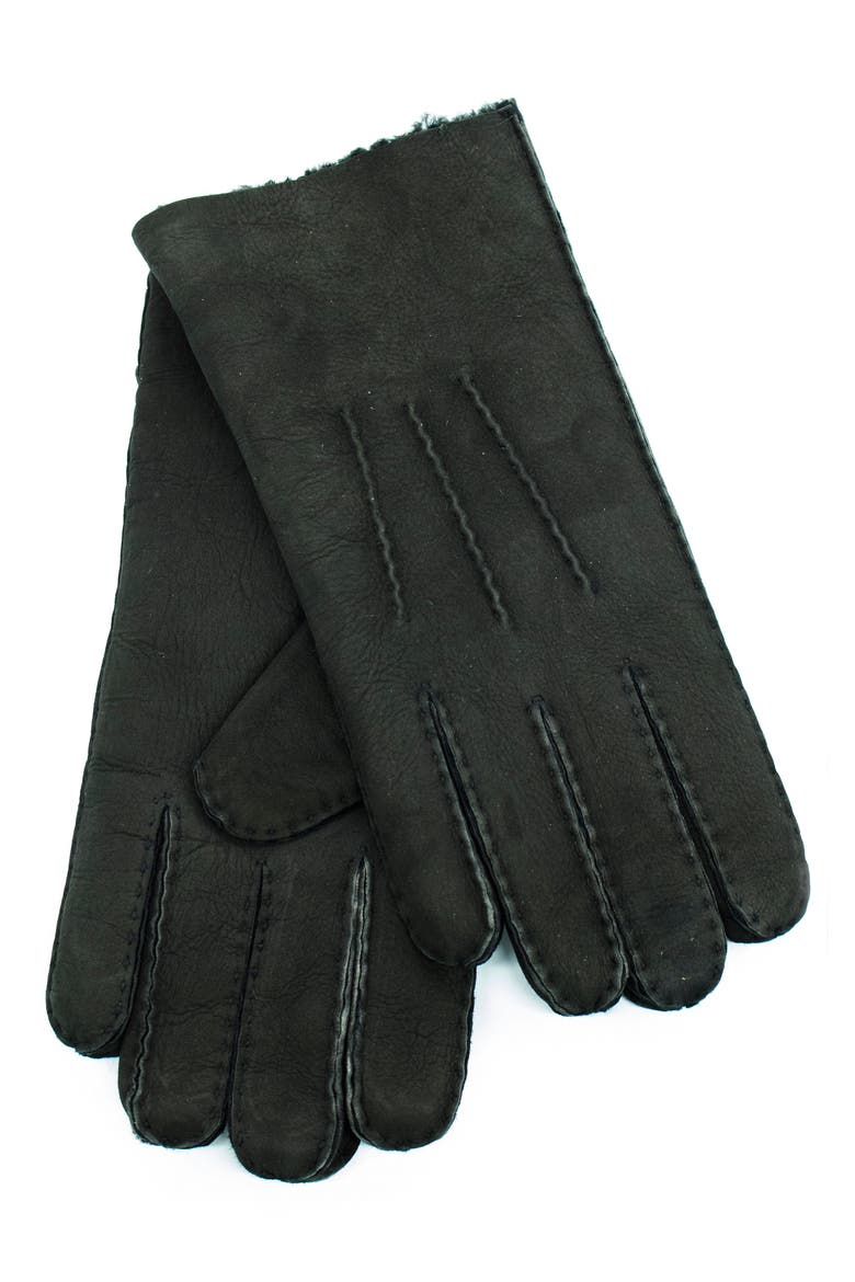 Genuine Shearling Trimmed Gloves, Main, color, BLACK