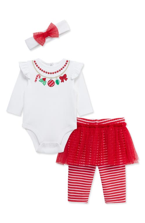 Little Me Kids' Bodysuit, Skirted Leggings & Headband Set in White Multi 