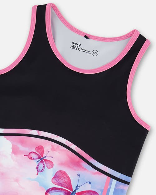 DEUX PAR DEUX DEUX PAR DEUX LITTLE GIRL'S COLORBLOCK ATHLETIC TANK TOP BLACK WITH BUTTERFLIES PRINTED 