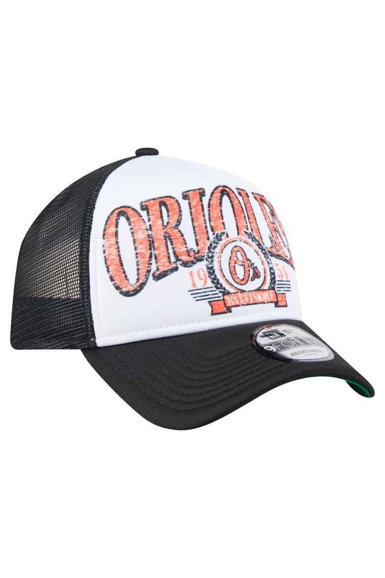 Men's New Era  Black Baltimore Orioles Distressed 9FORTY A-Frame Adjustable Trucker Hat, Alternate, color, Black
